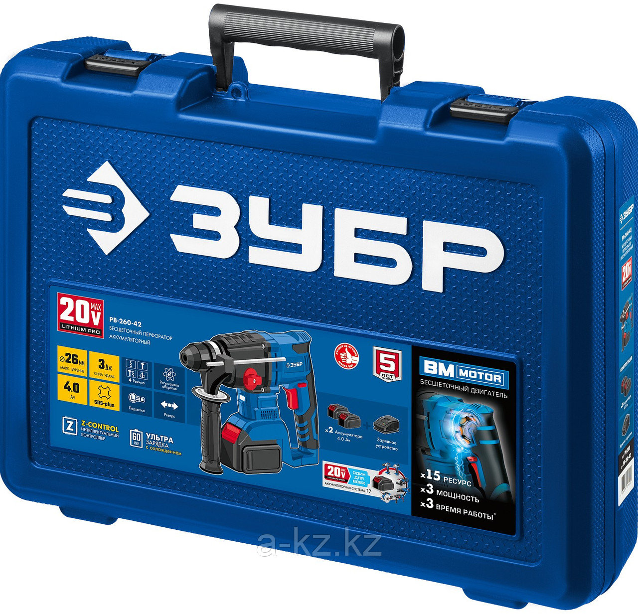 ЗУБР Т7, 20 В, 26 мм, 2 АКБ (4 А·ч), бесщеточный перфоратор, кейс, Профессионал (PB-260-42)