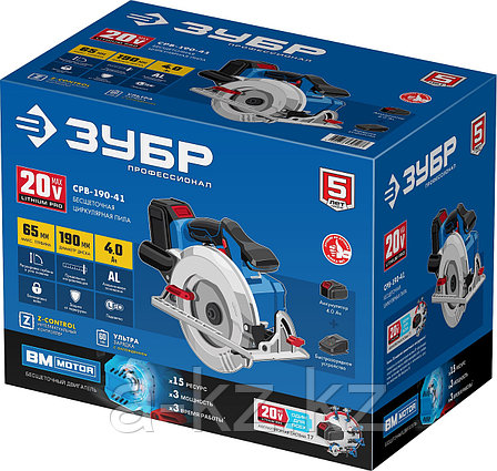 ЗУБР Т7, 20 В, d190 мм, 1 АКБ (4 А·ч), бесщеточная пила циркулярная, Профессионал (CPB-190-41), фото 1
