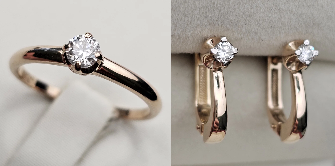 Золотой набор с бриллиантами (кольцо 0.19Ct 2/3 Аt, 17р , серьги 0.21Ct SI2/H, VG-Cut)