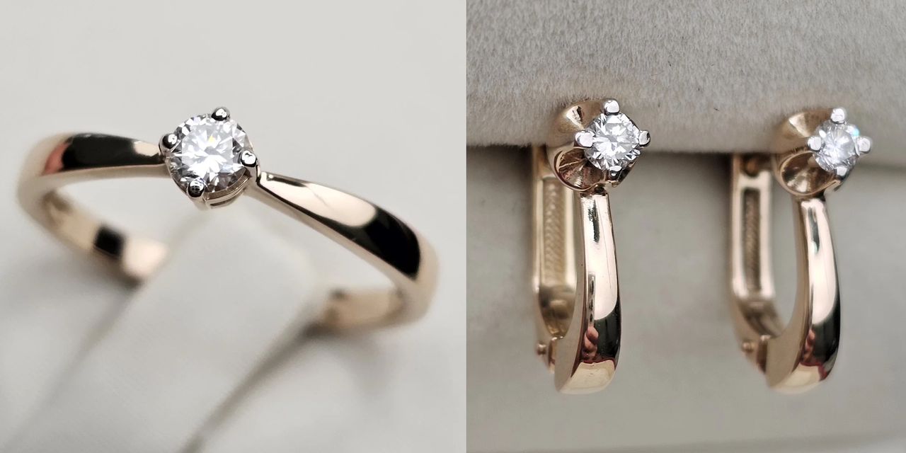 Золотой набор с бриллиантами (кольцо 0,158Ct VS2/H,VG-cut 17.5р , серьги 0.217Ct VS2/H, VG-Cut)