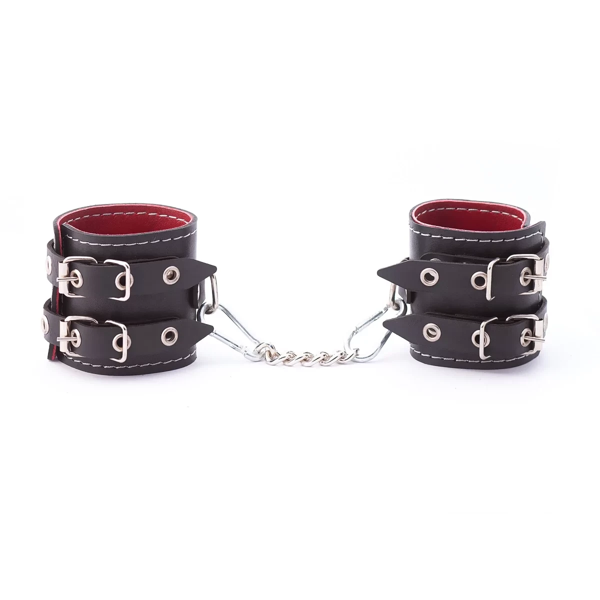 Наручники из кожи с двумя ремнями и красной подкладкой