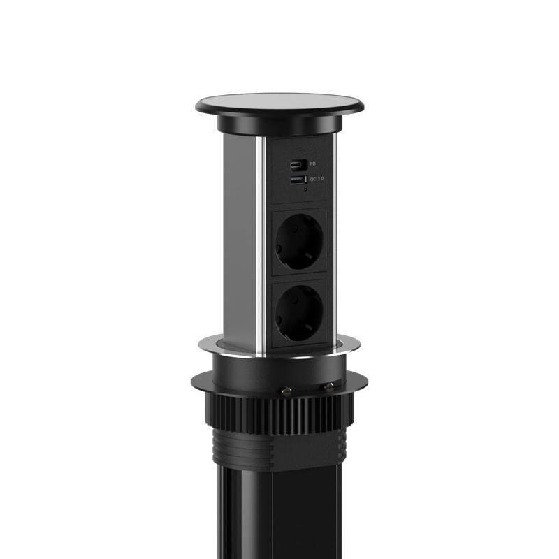 Shelbi STVA-4-WC-IP54-S Выдвижной-авто наст. розет. блок на 2 розетки, USB A+C, IP54, бесп. зар., серебро