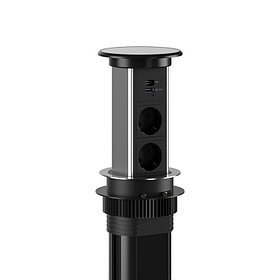 Shelbi STVA-4-WC-IP54-S Выдвижной-авто наст. розет. блок на 2 розетки, USB A+C, IP54, бесп. зар., серебро