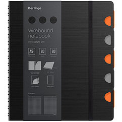 Бизнес-тетрадь А5+, 80л., Berlingo "Steel&Style Pro", клетка, на гребне, 80г/м2, перфорация, раздели