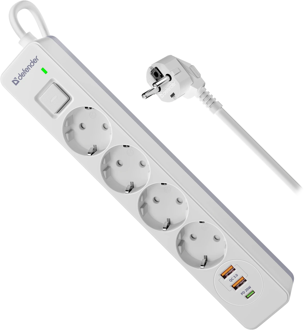 Defender 99433 Сетевой фильтр DFS 141 1,5 м, 4 розетки, 2xUSB, 1xType-C, белый