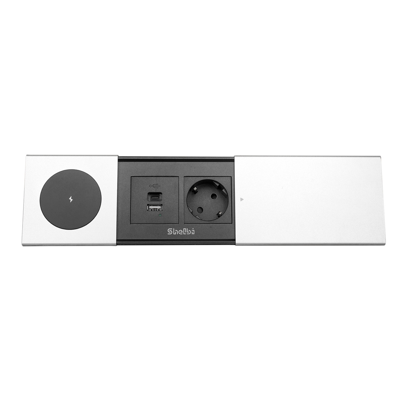 Shelbi Настольный бокс со сдвижной крышкой на 1 розетку, USB A+C, беспр. зар., шнур 1,8м, серебро