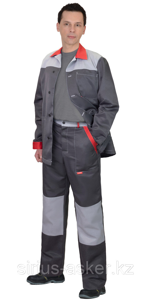 Костюм СИРИУС-АСПЕКТ куртка длин., брюки, темно-серый со светло-серым и красной отделкой, фото 1