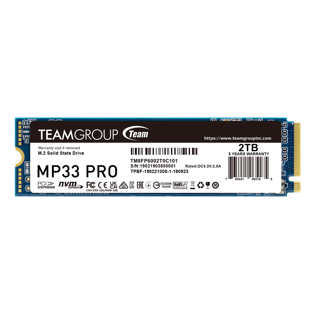Team Group TM8FPD002T0C101 SSD-накопитель MP33 PRO 2000GB, M.2 PCIe 3.0 x4 with NVMe 1.3, R3500Mb/s W3000MB/s, 1000 TBW, SLC кэш