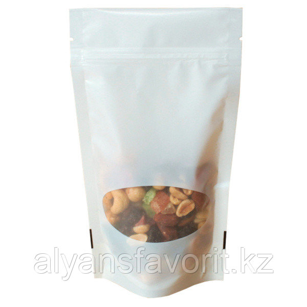 Пакет дой-пак белый матовый 105*190 (35 +35) мм с овальным окном и с замком зип-лок zip-lock