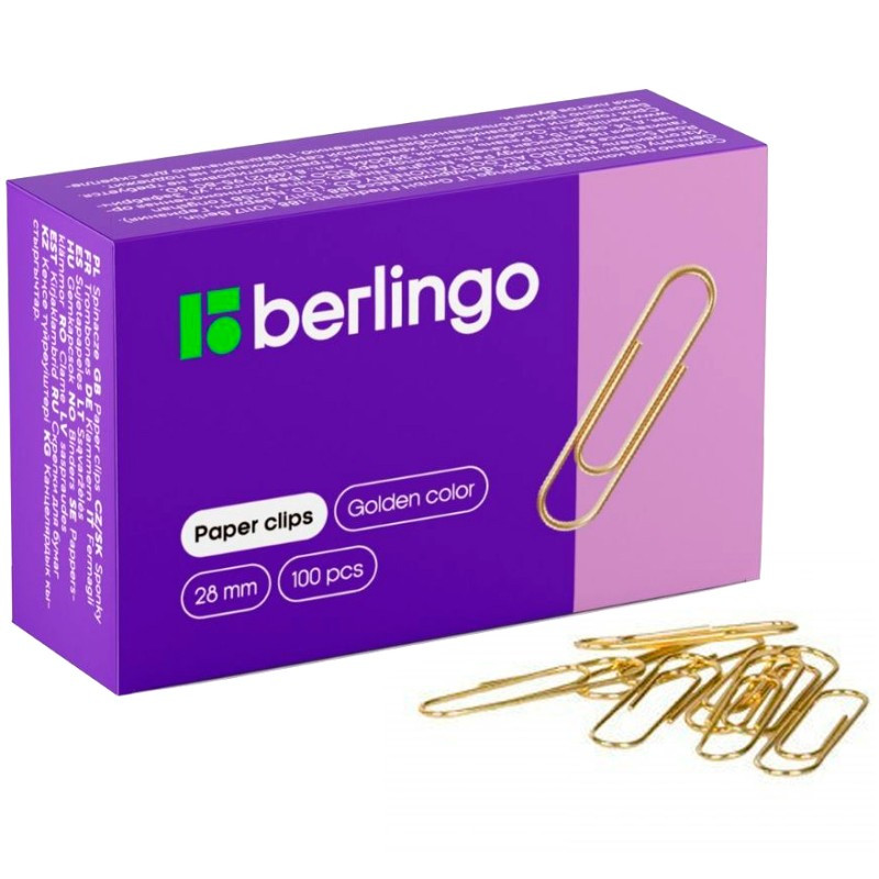 Скрепки 28мм, Berlingo, 100шт., золотистые, карт. упаковка