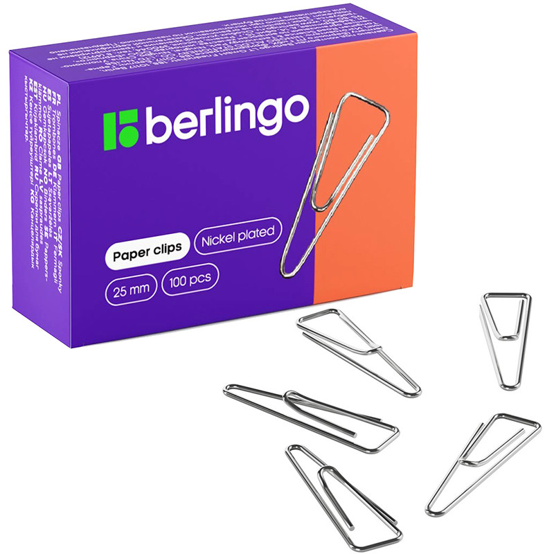 Скрепки BERLINGO 25 мм, никелированные, треугольные, 100 шт/упак, фото 1
