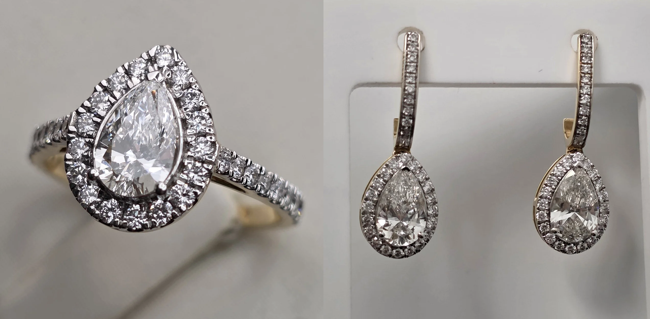 Золотой набор 585 с Lab бриллиантами (кольцо Груша 0.68Ct/ 0.45Ct VS1/F 16.5p, серьги Груша 1.03Ct VS2/F 0.44Ct VS1/F), фото 1