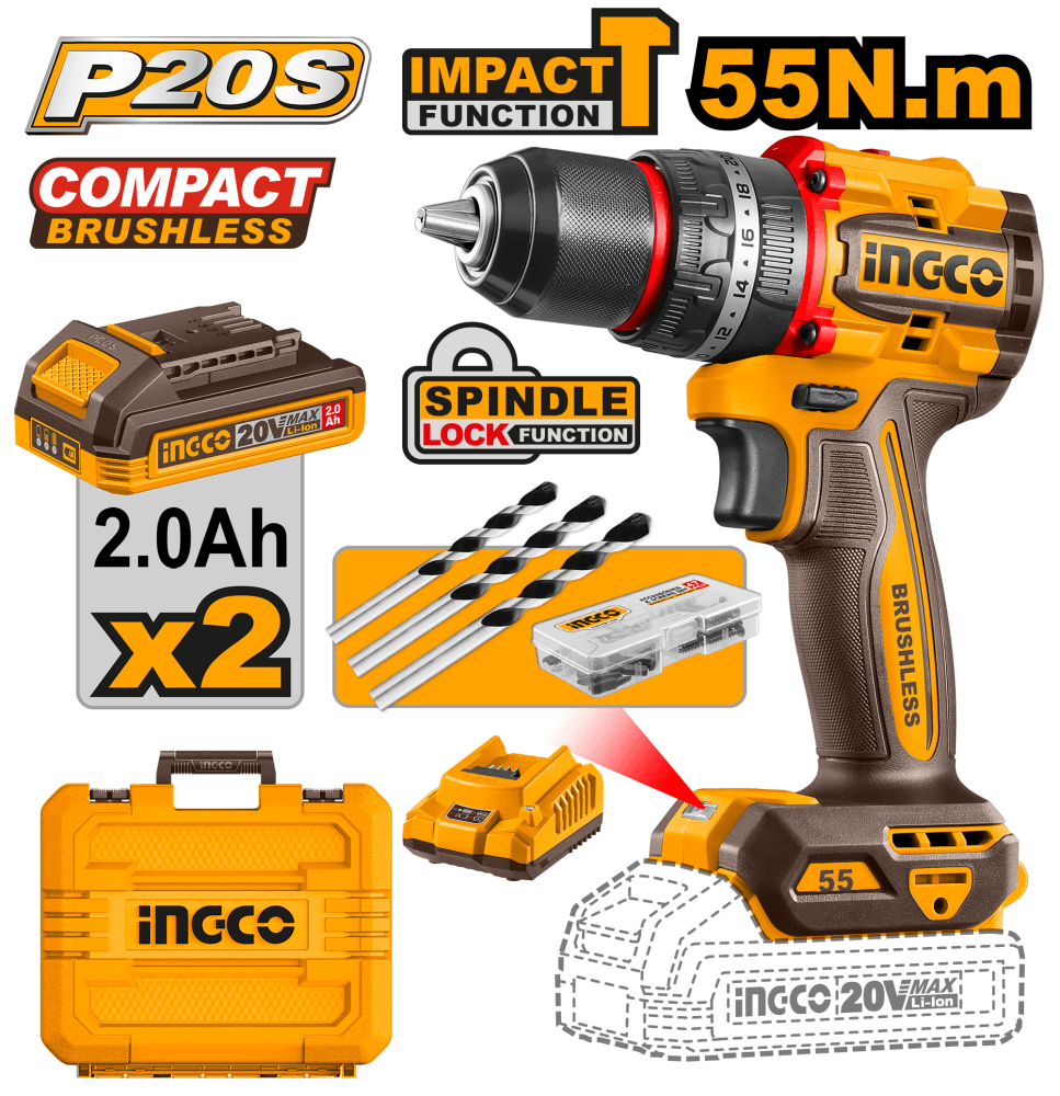INGCO Дрель аккумуляторная ударная Li-Ion  INDUSTRIAL 20W 2Ач 2шт/55 Нм/ 22+1+1