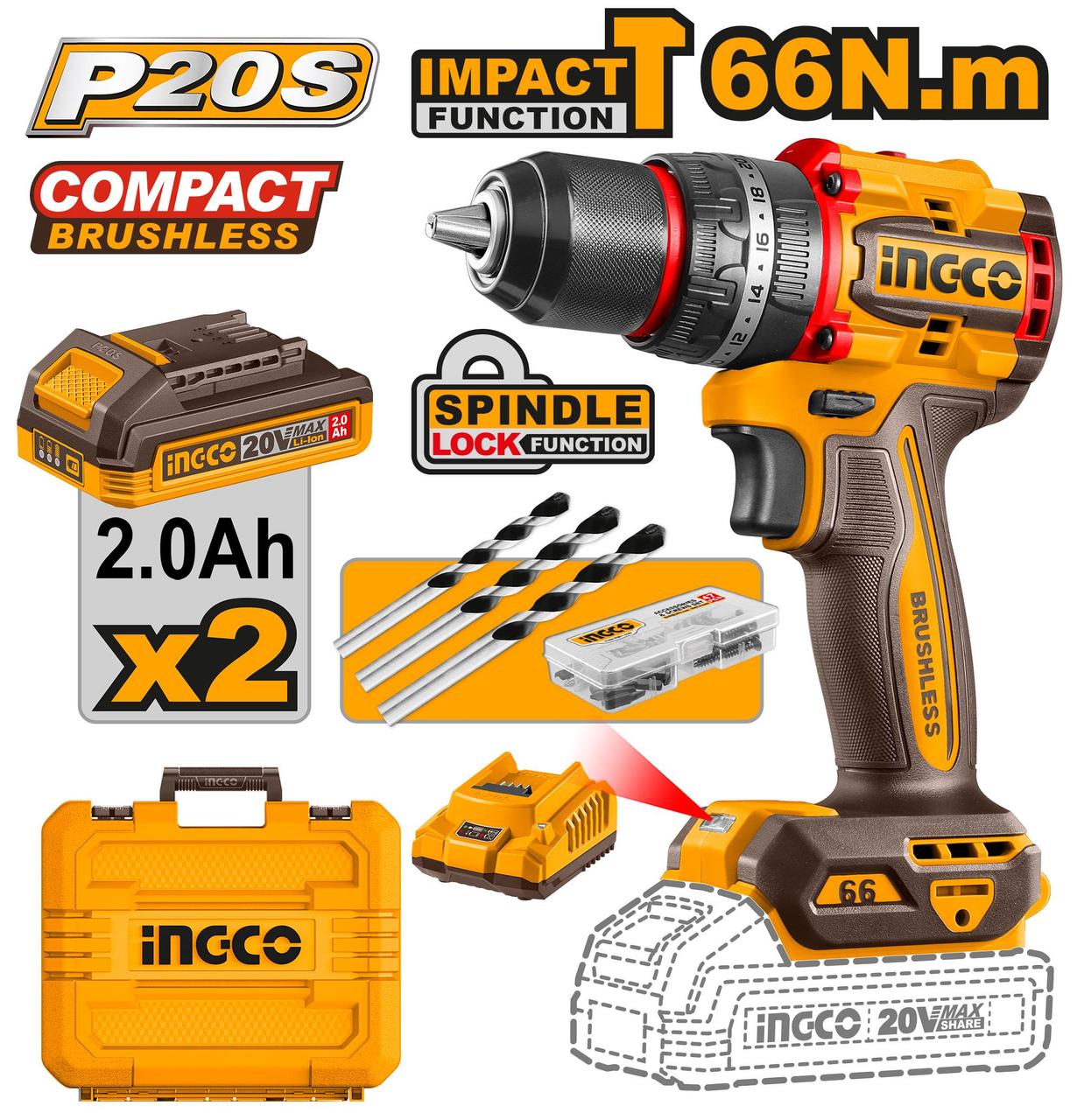 INGCO Дрель аккумуляторная ударная Li-Ion  INDUSTRIAL 20W 2Ач 2шт/66 Нм/ 22+1+1
