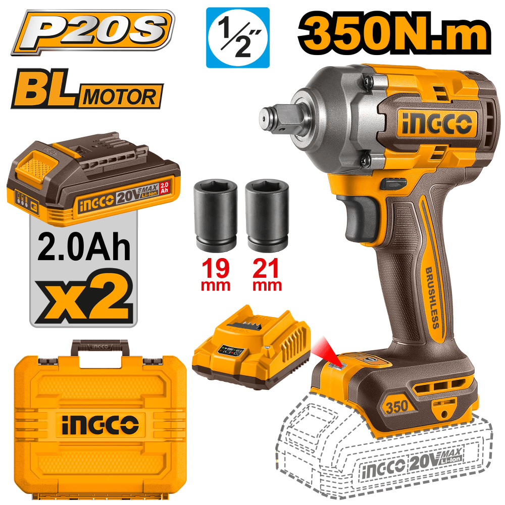 INGCO Гайковерт аккумуляторный бесщеточный ударный Li-Ion 20W INDUSTRIAL 20W 2Ач 2шт/350 Нм