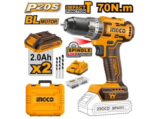 INGCO Шуруповерт аккумуляторный бесщеточный ударный Li-Ion  INDUSTRIAL 20W 2Ач 2шт/70 Нм/ 23+1+1