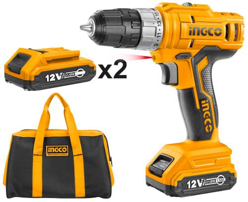INGCO Дрель-шуруповерт аккумуляторная безударная Li-Ion INDUSTRIAL 12W 1.5Ач 2шт/ 25Нм 15+1