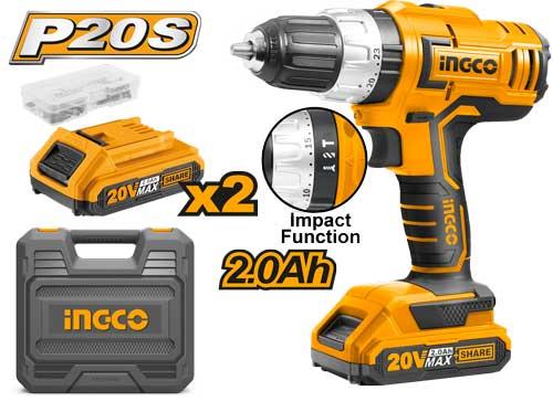 INGCO Дрель-шуруповерт аккумуляторная ударная Li-Ion  INDUSTRIAL 20W 2Ач 2шт/55 Нм/ 23+1+1