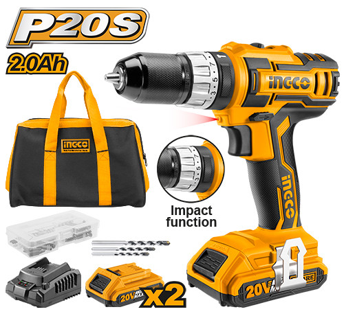 INGCO Дрель-шуруповерт аккумуляторная ударная Li-Ion  INDUSTRIAL 20W 2Ач 2шт/45 Нм/ 18+1+1