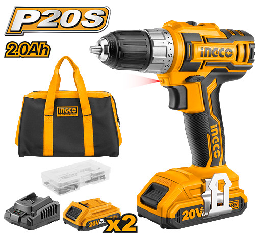 INGCO Дрель-шуруповерт аккумуляторная безударная Li-Ion INDUSTRIAL 20W 2Ач 2шт /45 Нм/15+1