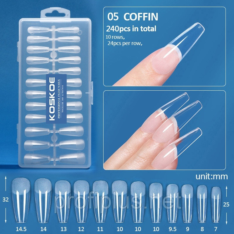 KOSKOE типсы длинные, квадрат Nail Tips 05 прозрачный 240 шт, фото 1