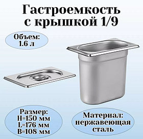 ГАСТРОЕМКОСТЬ (1/9); СТАЛЬ НЕРЖ.; 1.5Л; H=15,L=17.6,B=10.8СМ; МЕТАЛЛИЧ.(Караганда)