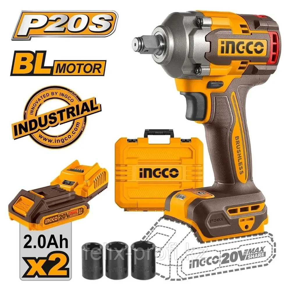 INGCO Гайковерт аккумуляторный бесщеточный ударный Li-Ion 20W INDUSTRIAL 20W 2Ач 2шт/400 Нм, шт