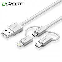 Переходник Ugreen US186 USB 2.0 A To Micro USB+Lightning+Type C (3 in 1) Cable Sliver 1.5M  50203