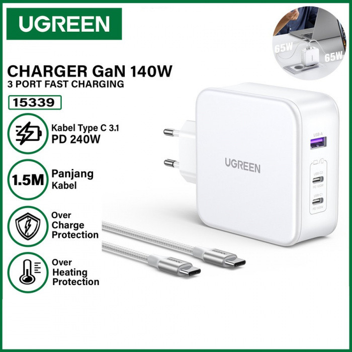 Ugreen CD289 Nexode 140W 3-портты PD GaN жылдам зарядтағыш ЕО (Ақ) 15339 зарядтағыш, фото 1