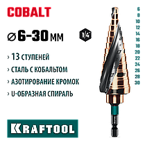 Сверло ступенчатое KRAFTOOL COBALT 6-30 мм, 13 ступеней, азотирование, винтовая спираль (29691-6-30-13), фото 6