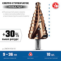 Сверло ступенчатое, ЗУБР КОБАЛЬТ 9-36 мм, 10 ступеней, винтовая проточка, серия "Профессионал" (29674-9-36-10), фото 3