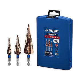 Набор ступенчатых сверл, ЗУБР КОБАЛЬТ 3 шт, 4-32 мм, винтовая проточка, серия "Профессионал" (29674-4-32-H3)