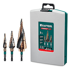 Набор сверл ступенчатых KRAFTOOL COBALT 3 шт., 4-32 мм, азотирование, винтовая спираль (29691-4-32-H3)
