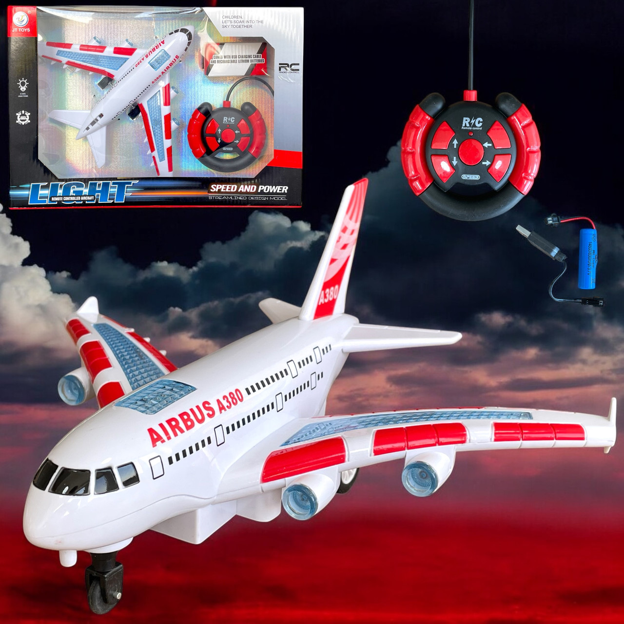 Jt729 Самолет Airbus (красный) пассажирский на р/у 4 функции 36х24см
