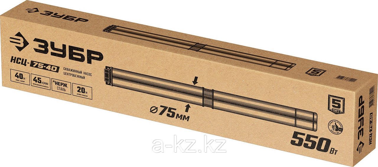 ЗУБР 550 Вт, 40 м напор, скважинный центробежный насос, корпус из нержавеющей стали (НСЦ-75-40)