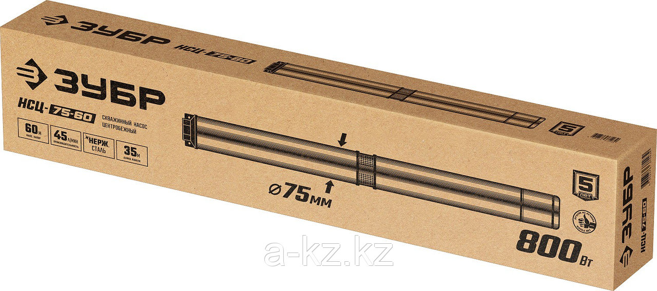 ЗУБР 800 Вт, 60 м напор, скважинный центробежный насос, корпус из нержавеющей стали (НСЦ-75-60)