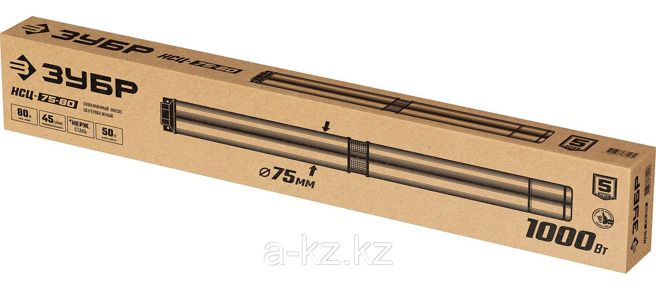 ЗУБР 1000 Вт, 80 м напор, скважинный центробежный насос, корпус из нержавеющей стали (НСЦ-75-80)