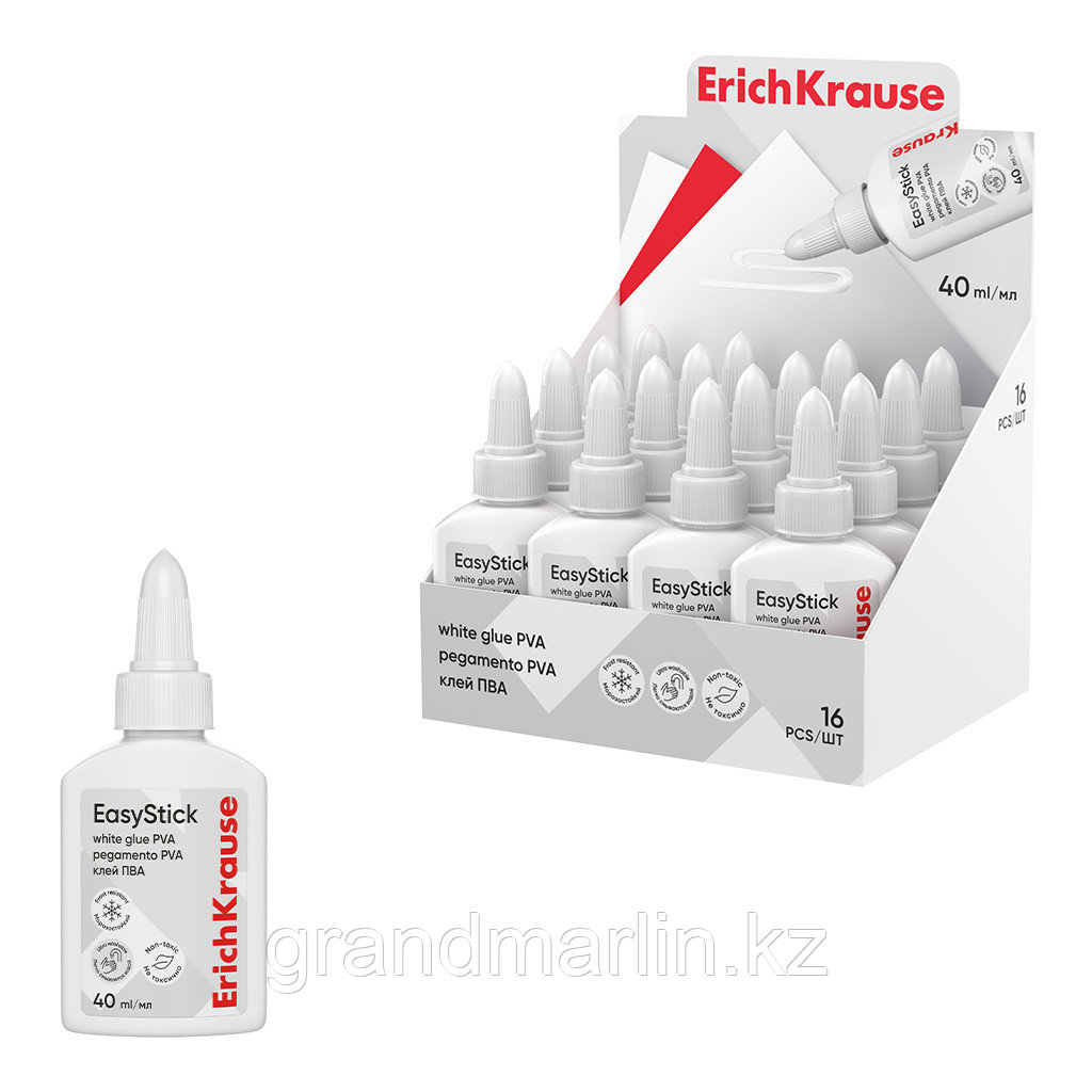 Клей ПВА ErichKrause EasyStick, 40мл (в дисплее по 16 шт.)