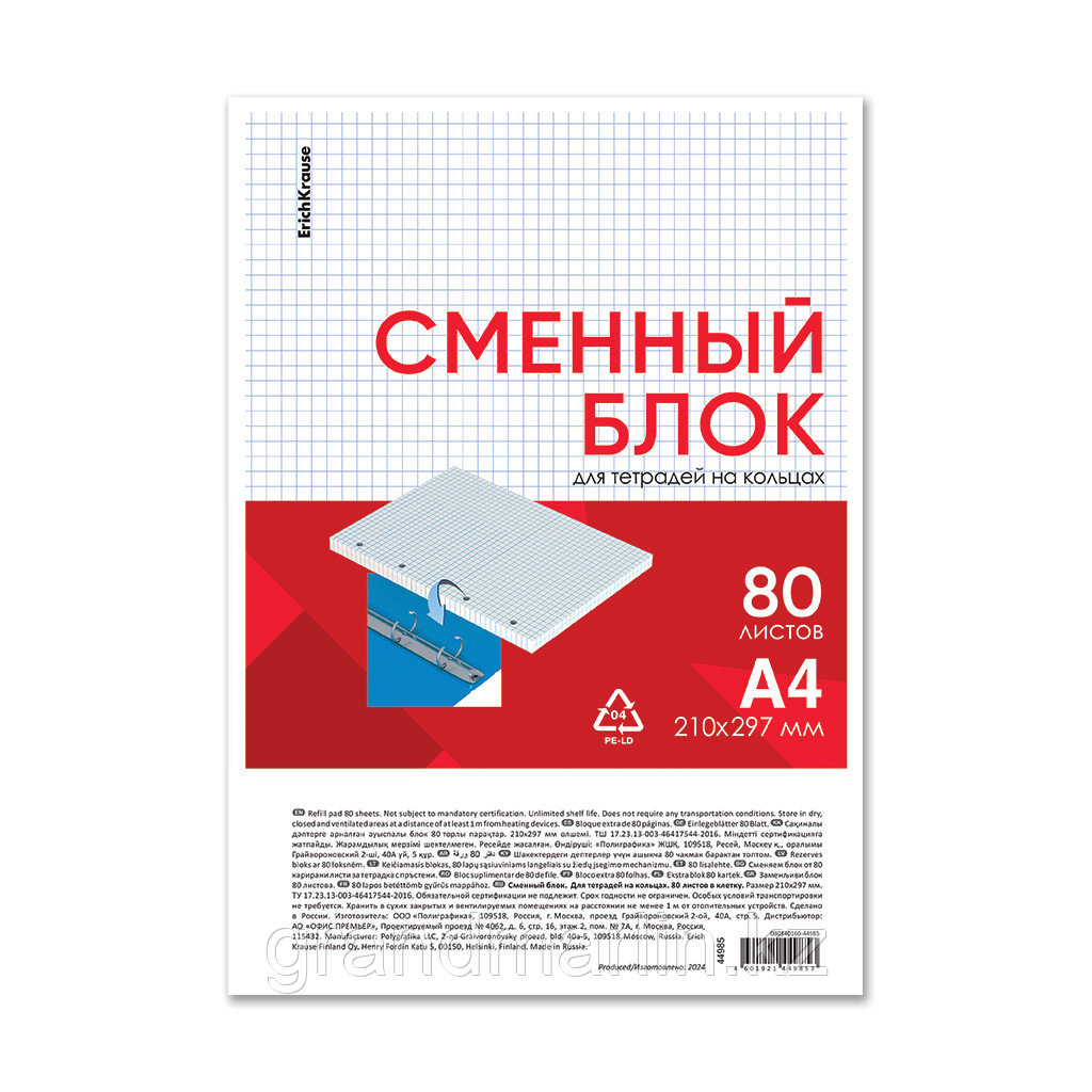 Сменный блок для тетради на кольцах ErichKrause, А4, 80 листов, клетка, фото 1