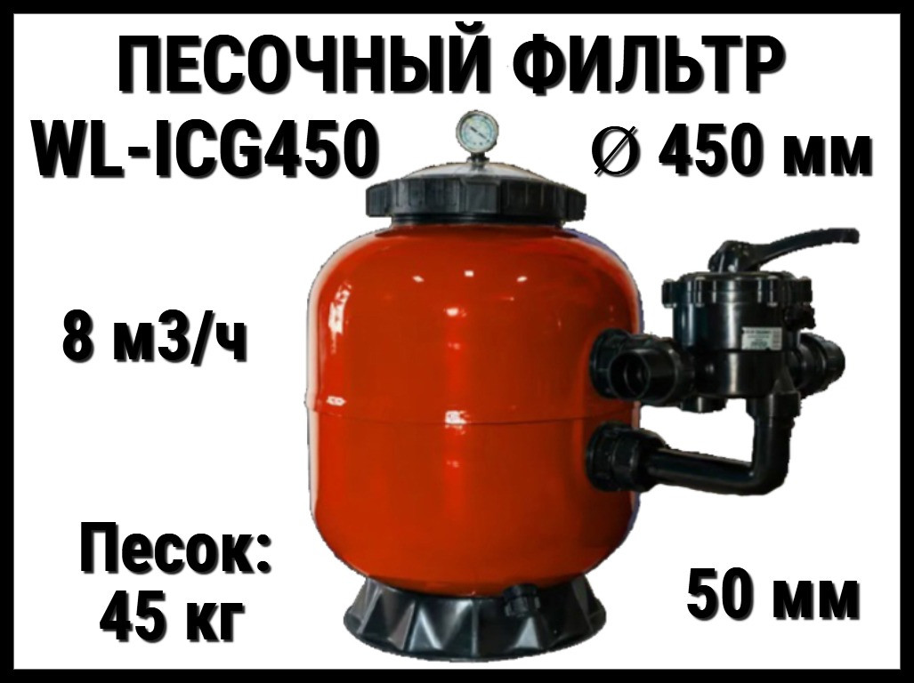 Песочный фильтр WL-ICG450 для бассейна (Ламинированный, производительность 8 м3/ч, диаметр: 450 мм, песок 45 кг.)