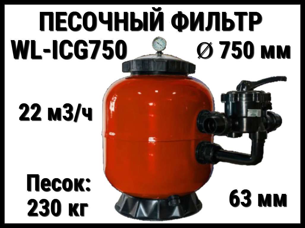 Песочный фильтр WL-ICG750 для бассейна (Ламинированный, производительность 22 м3/ч, диаметр: 750 мм, песок 230 кг.)