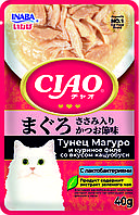 Влажный корм CIAO Pouch для кошек Тунец Магуро и куриное филе со вкусом кацуобуси с лактобактериями, паучи 40г
