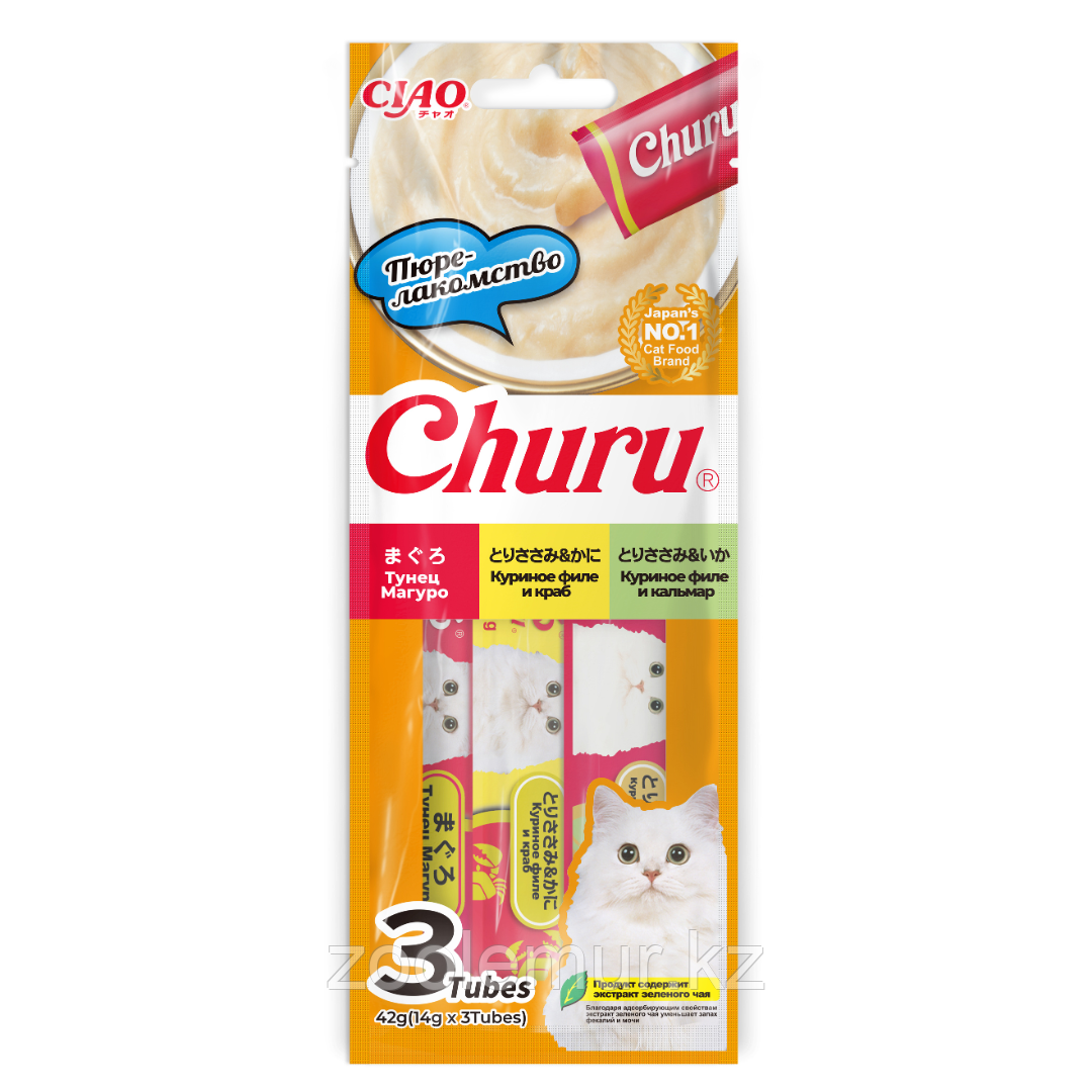 Лакомство-пюре CIAO Churu ассорти пюре для кошек: тунец Магуро, куриное филе и краб, куриное филе и кальмар 14г * 3шт