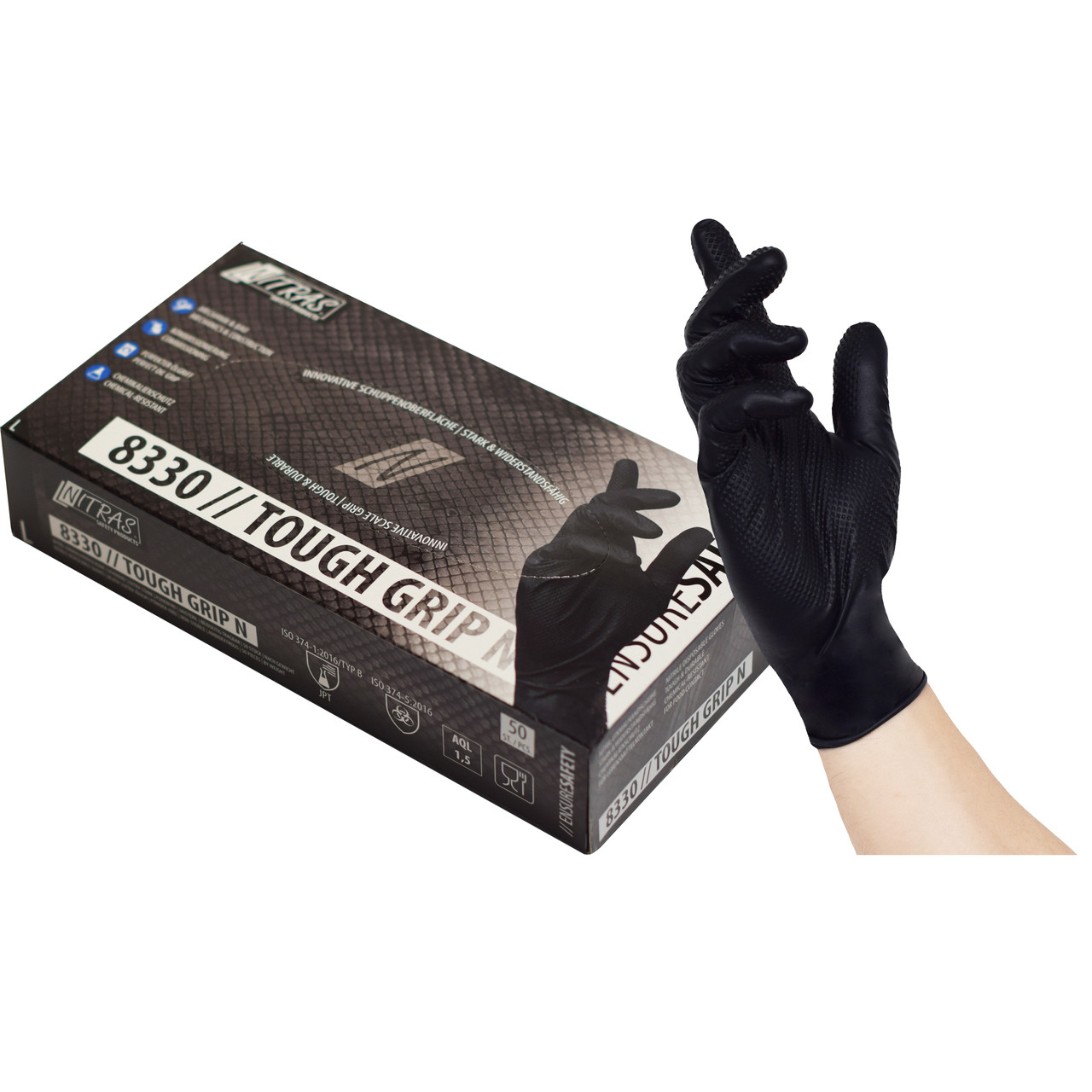 NITRAS 8330 TOUGH GRIP N, нитриловые одноразовые перчатки, черные, нестерильные, 50 шт