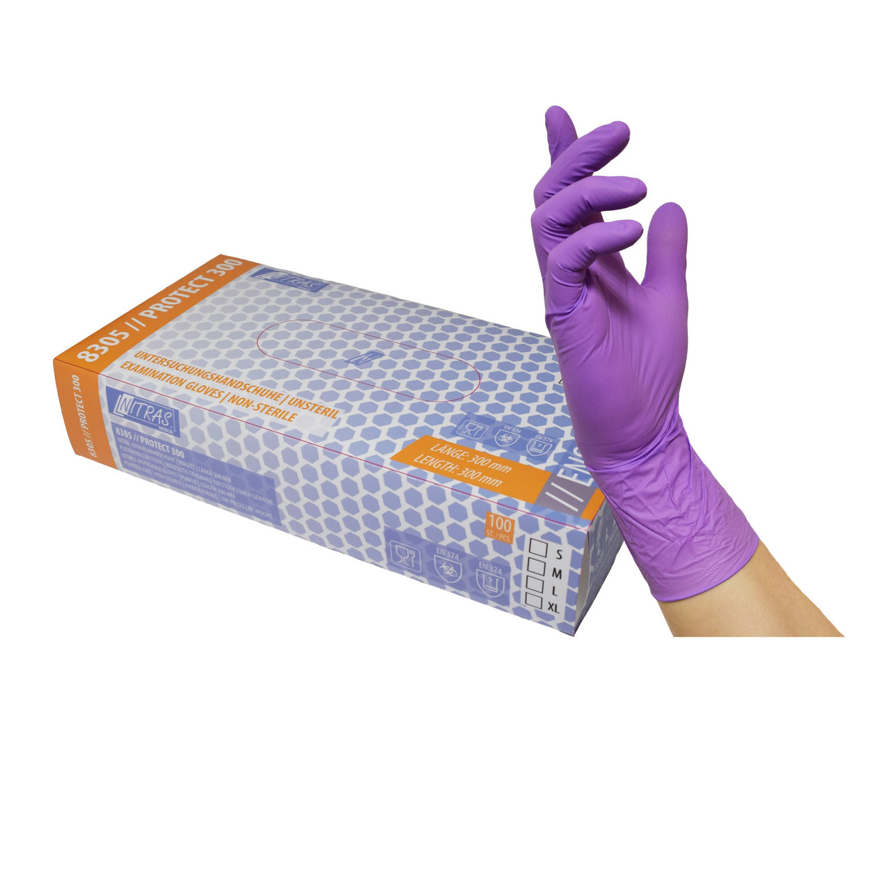 NITRAS 8305 PROTECT 300, нитриловые одноразовые перчатки, фиолетовые, без пудры, нестерильные, 100 шт