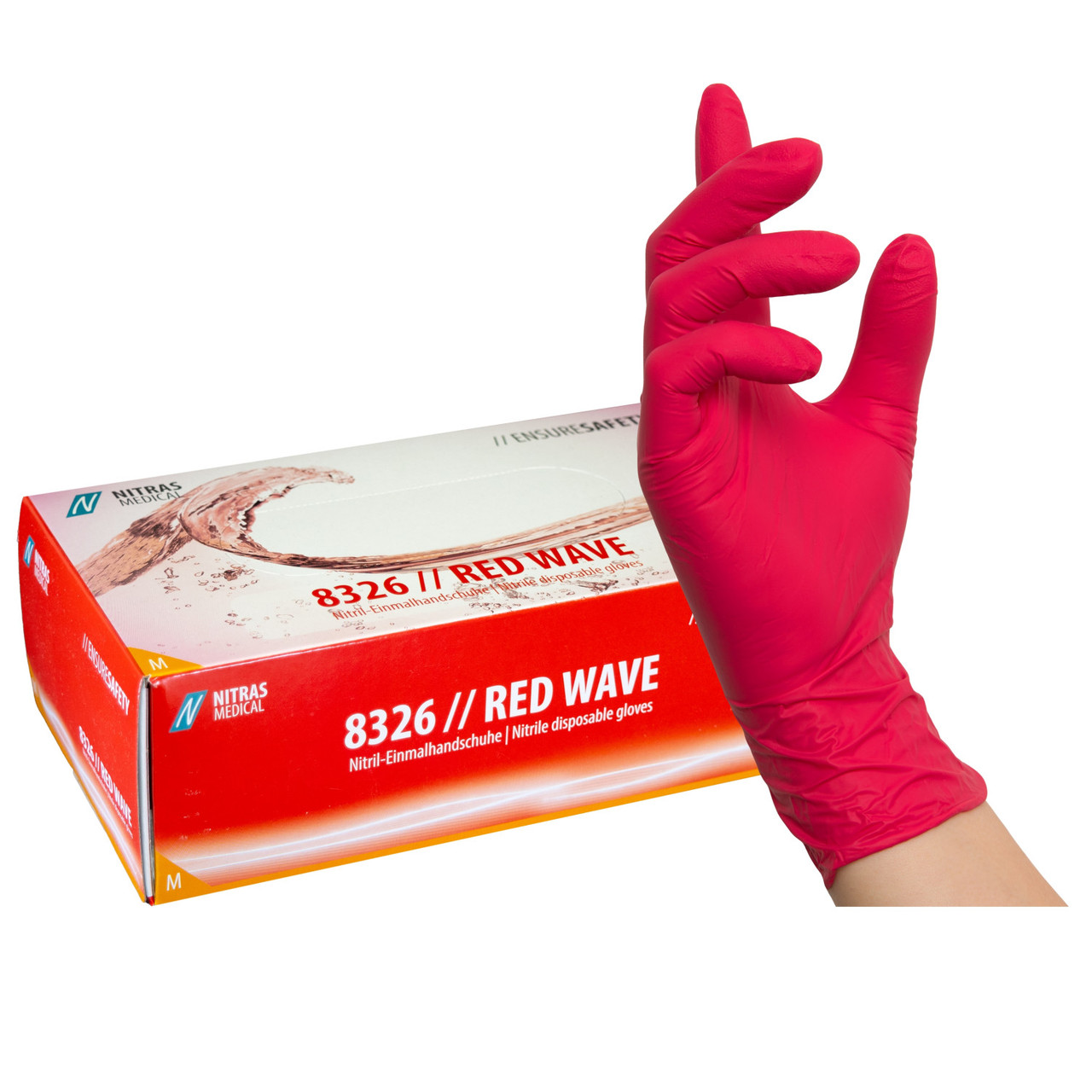 NITRAS 8326 RED WAVE, нитриловые одноразовые перчатки, красные, без пудры, нестерильные, 100 шт
