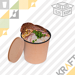 OSQ Round Bowl 700 BLACK WOOD, Круглый контейнер ЧЕРНЫЙ с крафт крышкой для супов (35/525) (4097)