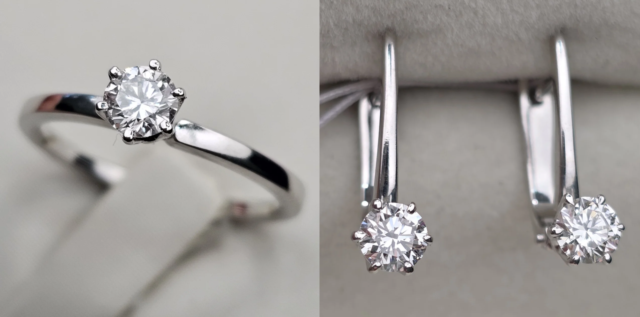 Золотой набор с бриллиантами (кольцо 17.5 р 0,34Ct SI2/F, EX, серьги 0,67Ct SI1-SI2/G-H, EX-Cut )