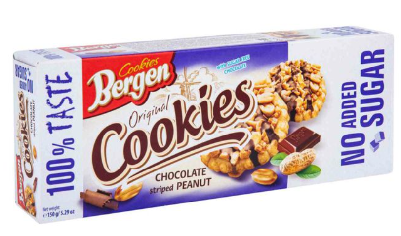 Печенье Bergen Cookies Chocolate striped Peanut БЕЗ САХАРА  125 гр / Польша (18 шт в упак)