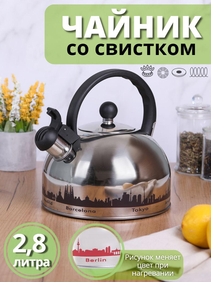Чайник для плиты со свистком 2,8 л капсульное дно MALLONY MAL-CITY-01 с рисунком, меняет цвет при нагревании, фото 1